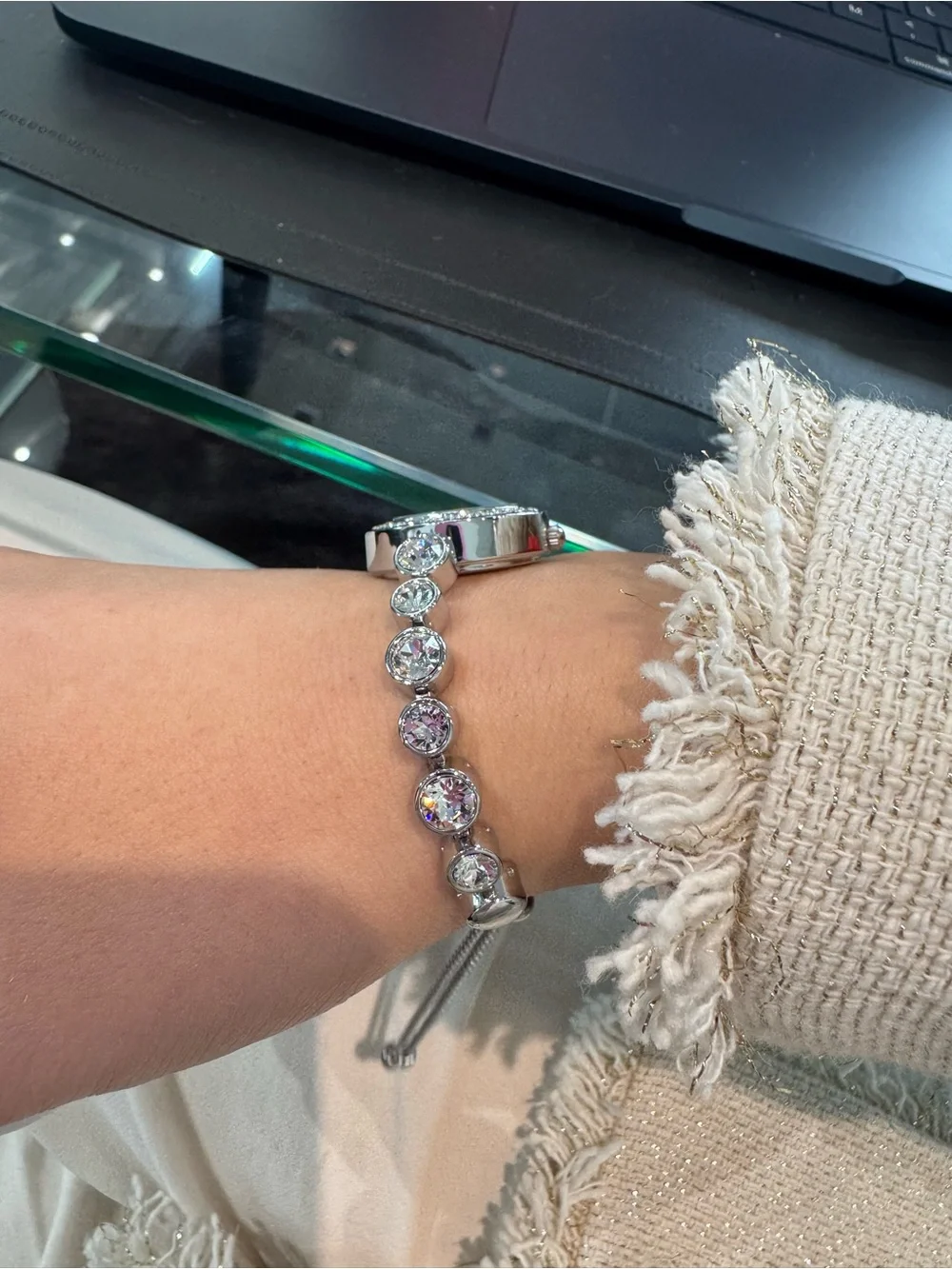 DMQ Women's Silver-Tone Quartz Watch w/ Round Crystal Link Bracelet